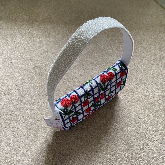 Viral Cherry Beaded Shoulder Bag NWT Navy White Red Green Summer Purse Vacation - Picture 3 of 12